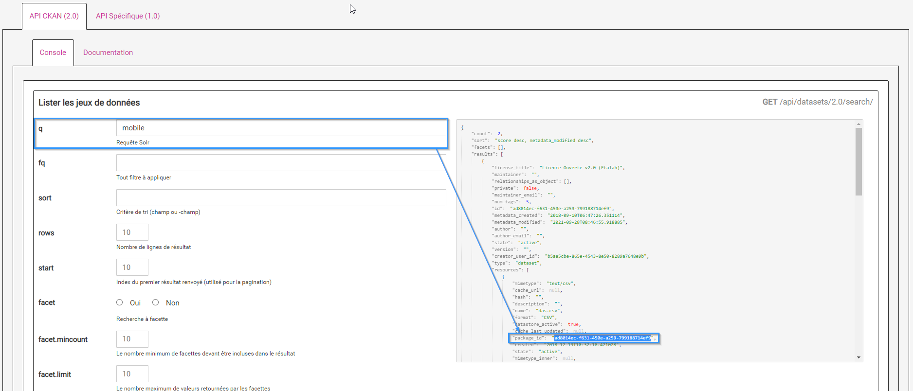 q=mobile et résultat de l'identifiant sur "package_id"